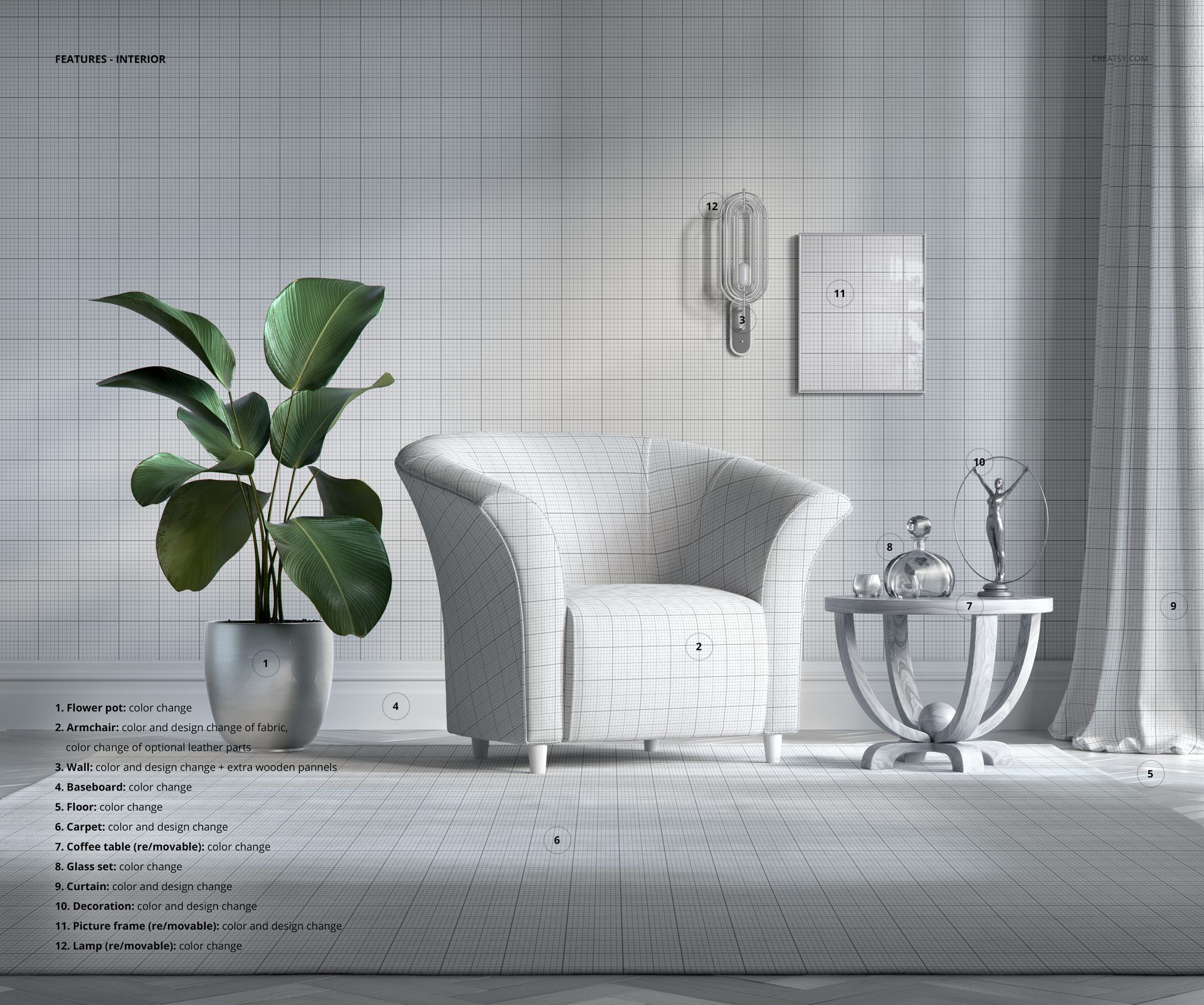 Front view of a tub armchair mockup in a minimalist room, with a white grid pattern, beside a round table and potted plant.