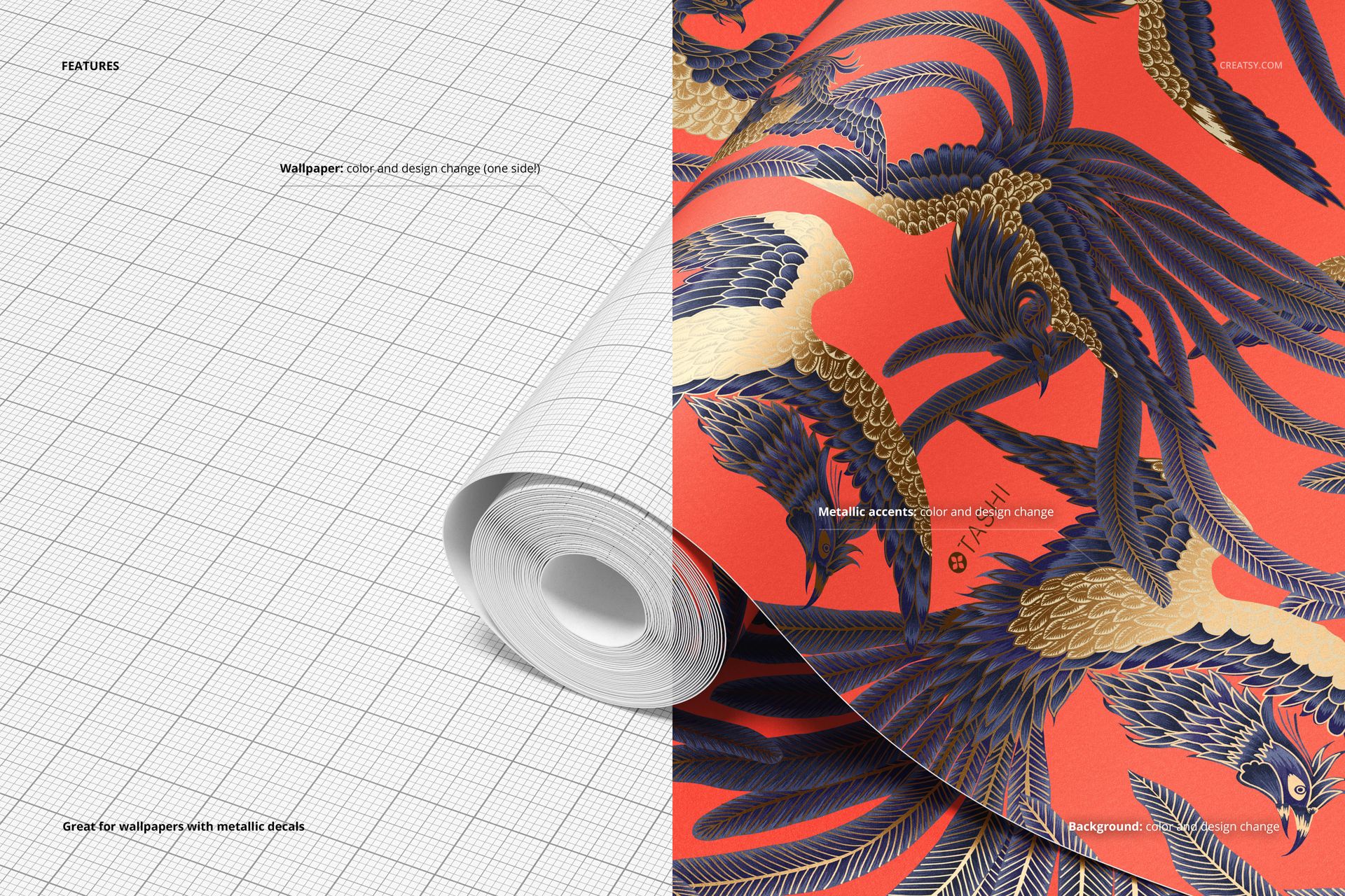 Paper wallpaper mockup featuring a roll partially unrolled, with one side showing a grid pattern and the other a vibrant red wallpaper with gold and navy bird motifs.