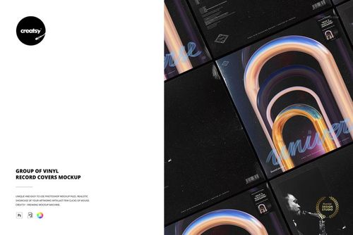 Group of vinyl record covers mockup displayed from above, showing vibrant swirling patterns and black backgrounds.