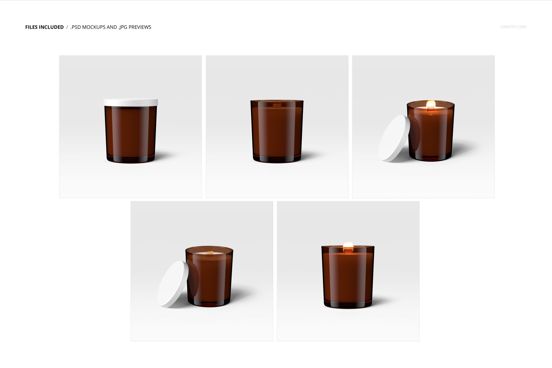 Amber glass jar candle with matte lid shown in five mockup views, including front and angled perspectives on a white background.