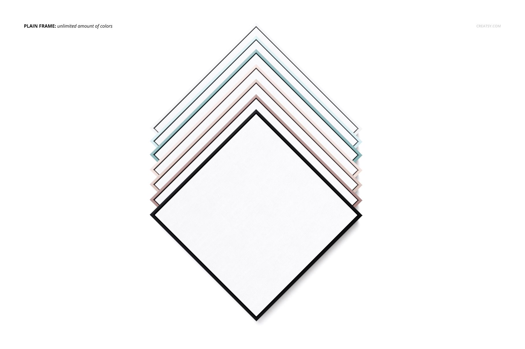 Mockup of multiple square canvases with plain floater frames, arranged in a layered diamond pattern on a light backdrop.