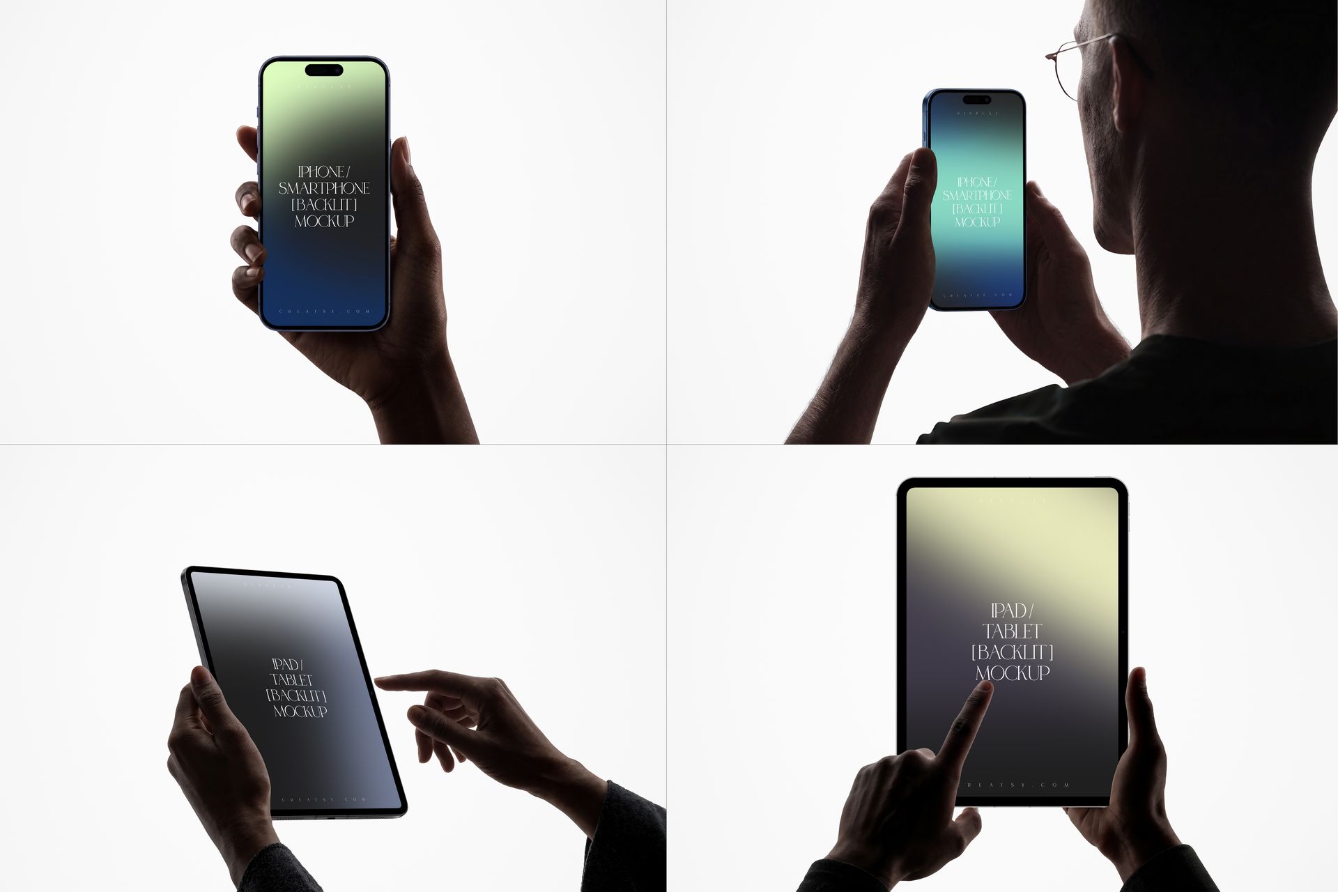 Backlit hands holding an iPhone, iPad Pro, and laptop, each displaying a blank screen in a PSD mockup set.