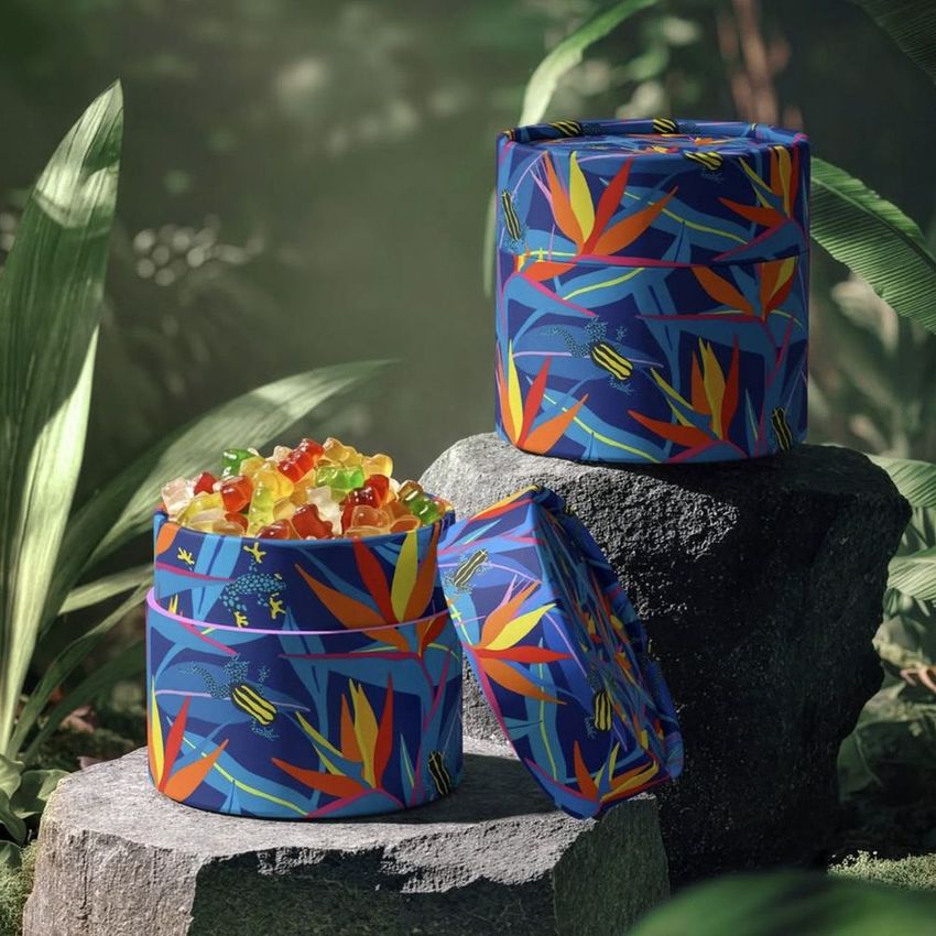 Paper tube packaging mockup with vibrant jungle leaf patterns and colorful jelly candies, set on rocks among lush green plants.