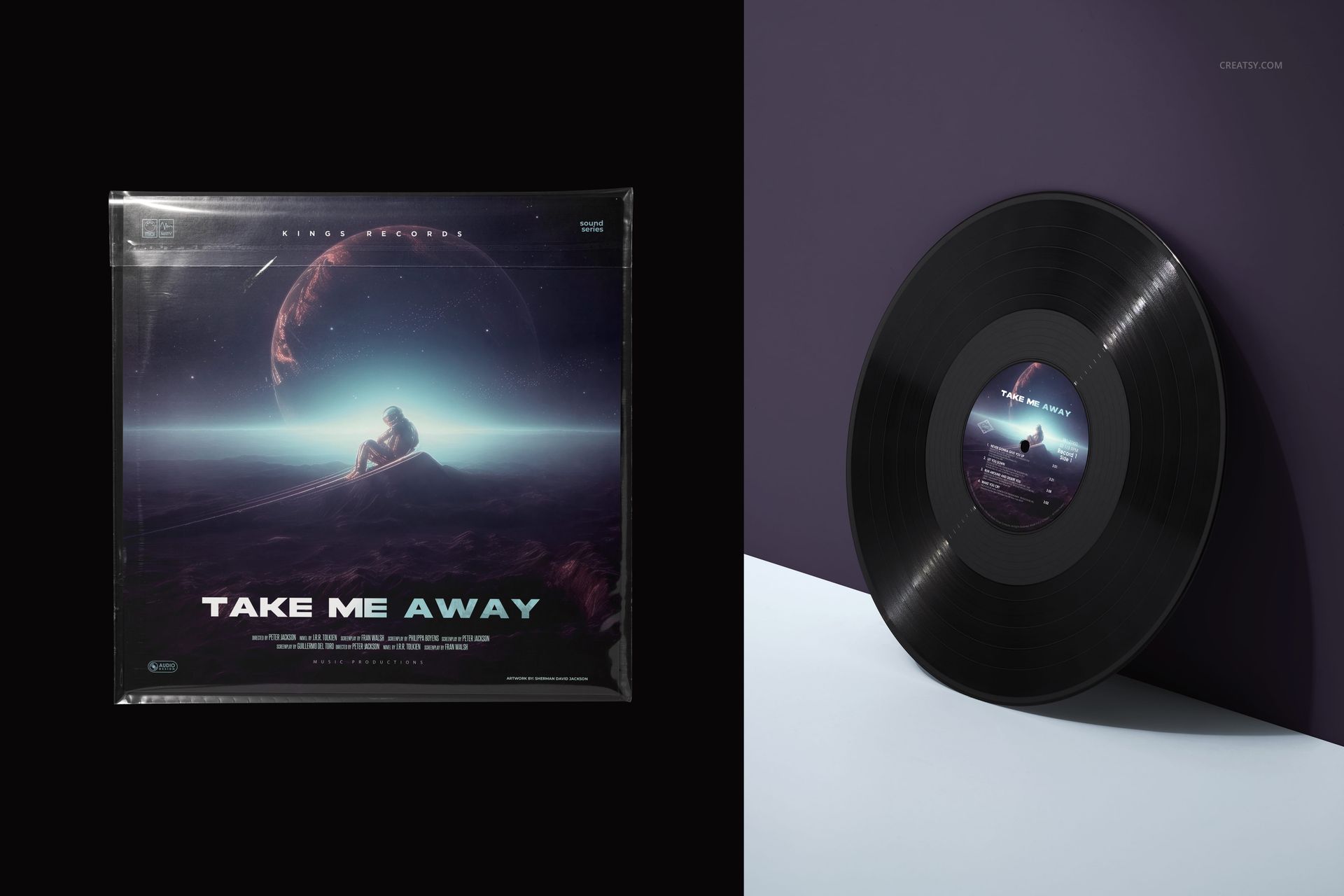 Vinyl record mockup set featuring a black disc and a cover with space-inspired illustration, displayed on a clean surface.