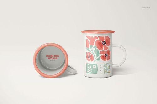 Enamel mug mockup set showing one mug standing and one mug on its side, both with coral accents and colorful patterns.