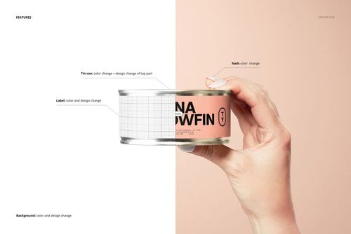 Short flat tin can mockup held by a hand, featuring a customizable label and a neutral background.