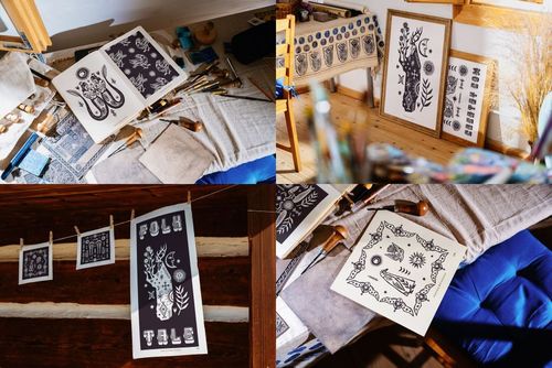 PSD mockup set with Slavic-inspired artwork, including framed prints and hanging papers in a warm, wooden interior.