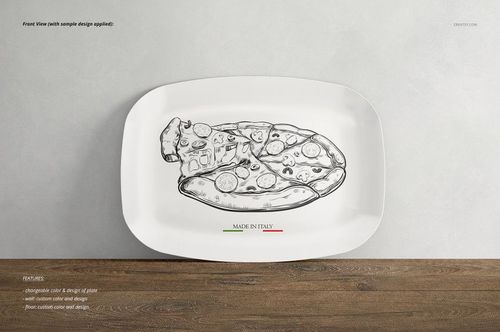 Rectangular white plate mockup with a black line art pizza illustration, viewed from above on a wooden surface.