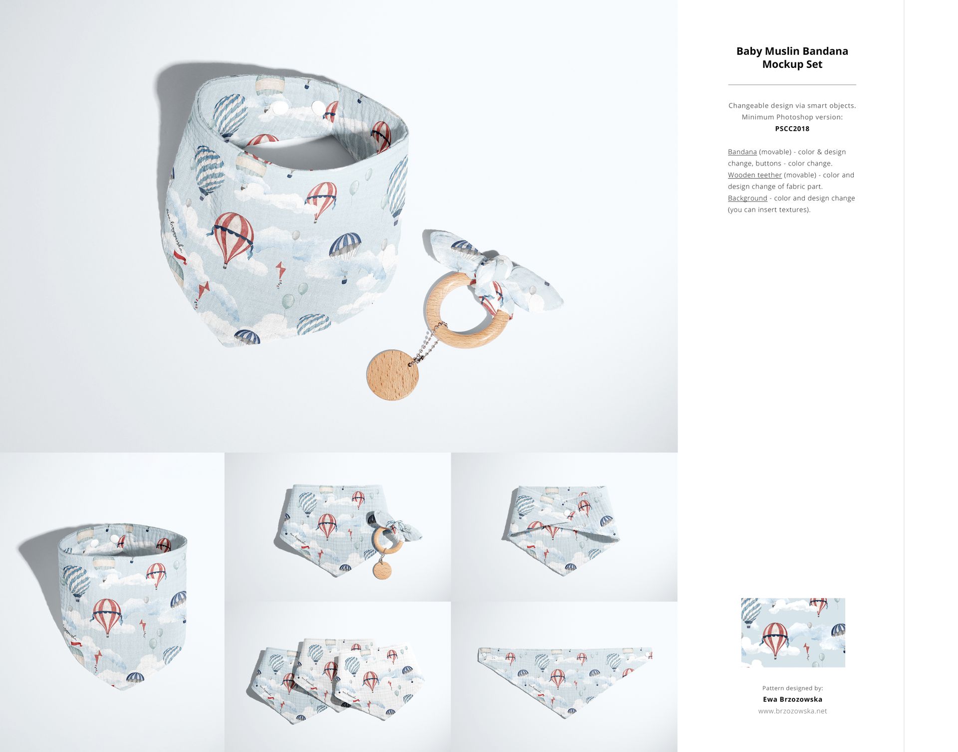 Baby muslin bandana bib and teether mockup featuring blue and red parachute print, arranged in multiple angles.