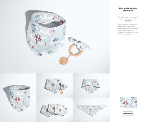 Baby muslin bandana bib and teether mockup featuring blue and red parachute print, arranged in multiple angles.