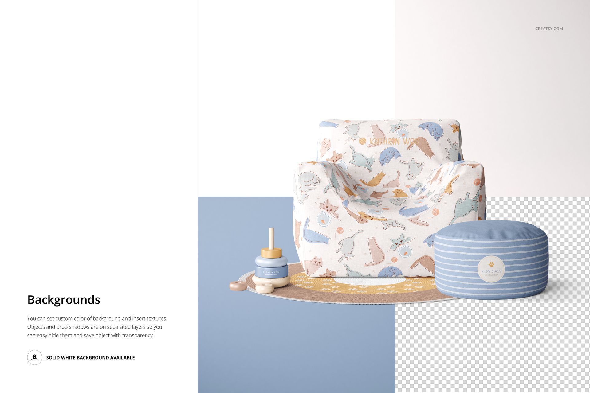 Nursery bean bag mockup featuring a whimsical animal print, blue-striped pouf, and wooden stacking toy on a rug.