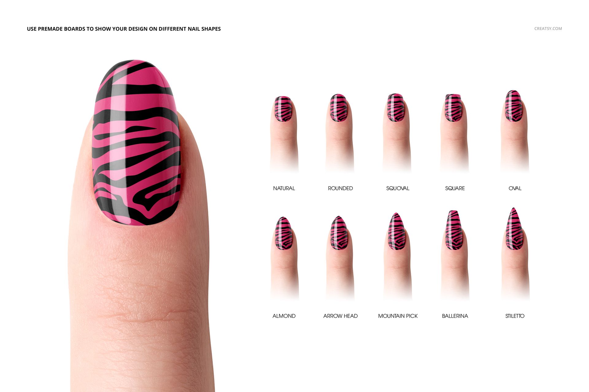 Close-up of a single fingernail with pink and black zebra stripes, alongside ten different nail shape mockups.