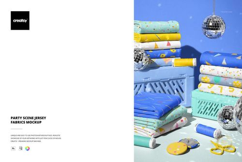 PSD mockup of folded jersey fabrics in blue, yellow, and white, set in a festive scene with party props and disco balls.