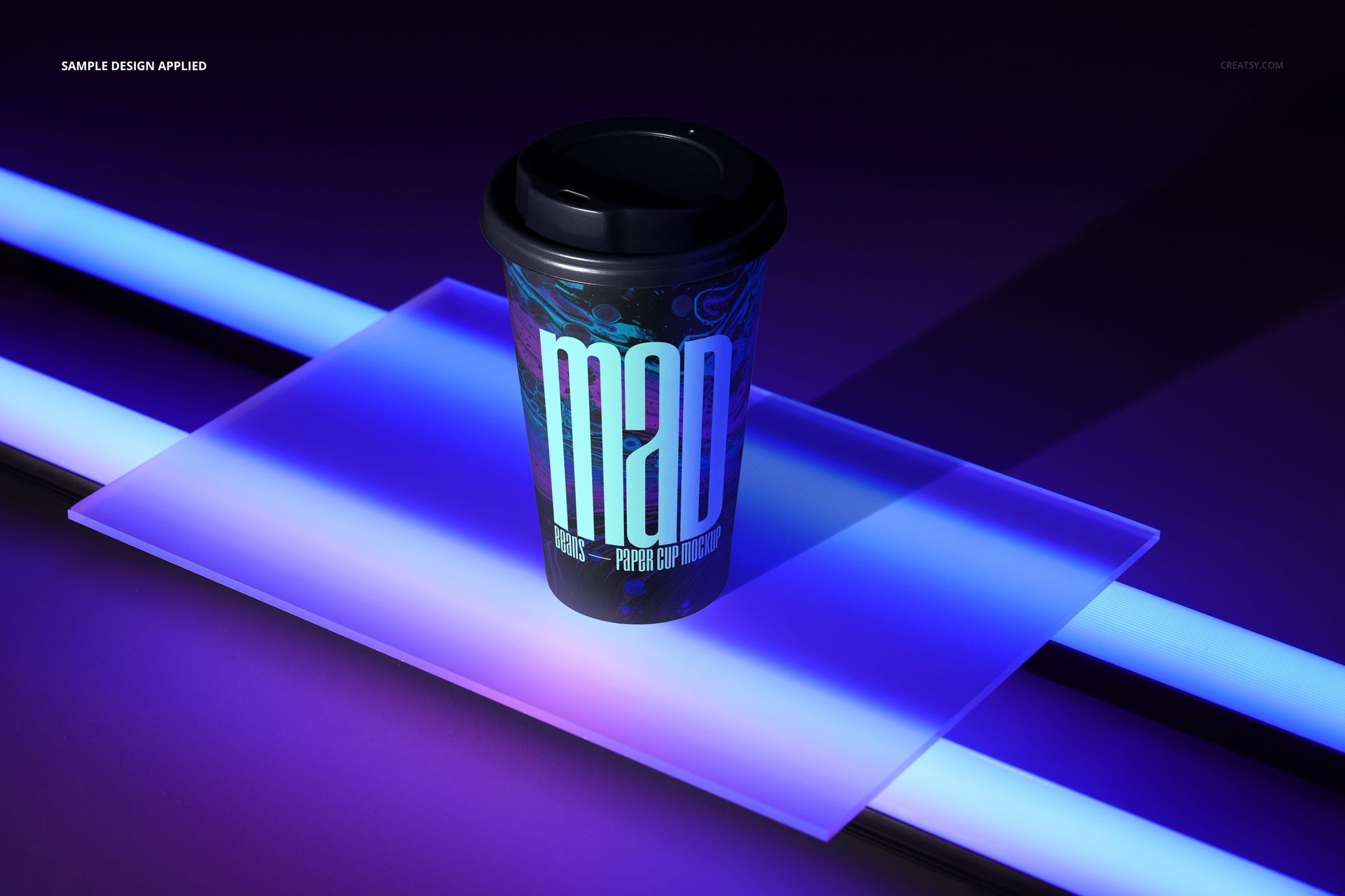 Neon-themed paper cup mockup with a black lid, displayed on a translucent panel under vibrant blue lighting.