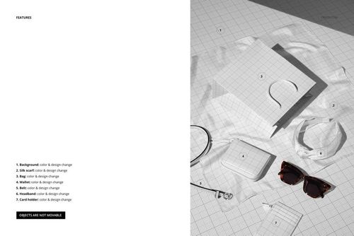 Fashion PSD mockup showing a silk scarf, paper bag, belt, wallet, headband, and card holder placed together on a softly lit surface.