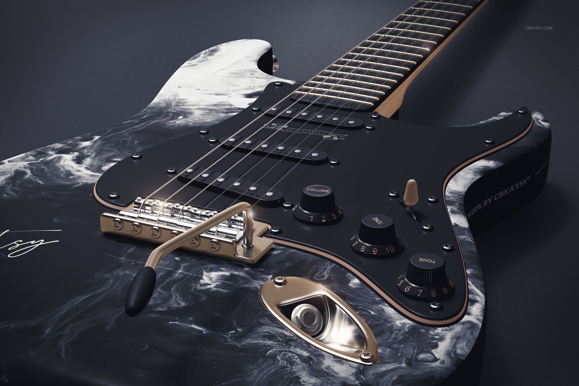 Close-up of an electric guitar mockup featuring a marbled black and white finish, gold hardware, and detailed knobs.