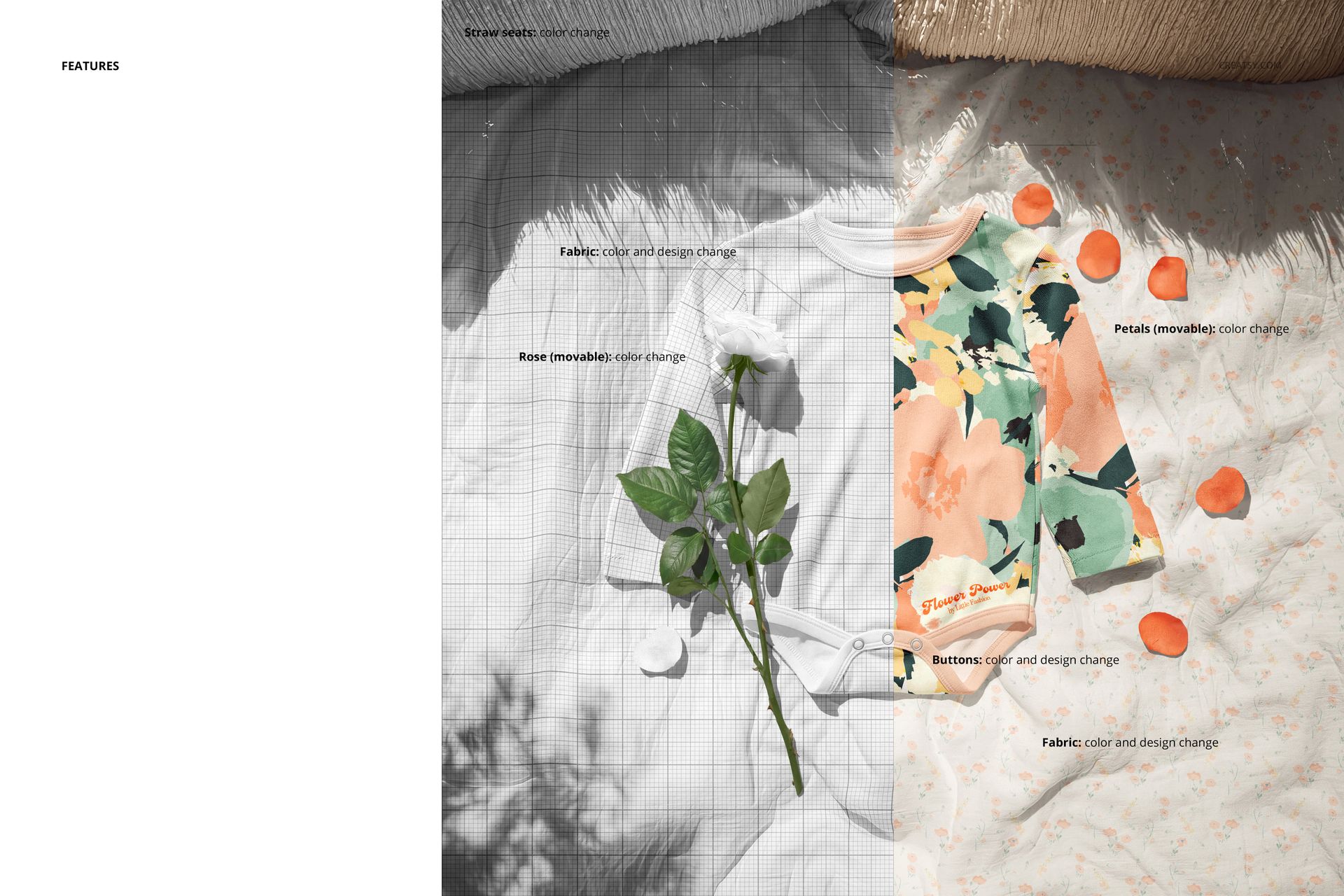 Front view of a baby growsuit mockup with rose pattern, surrounded by petals and a rose stem on a light fabric.