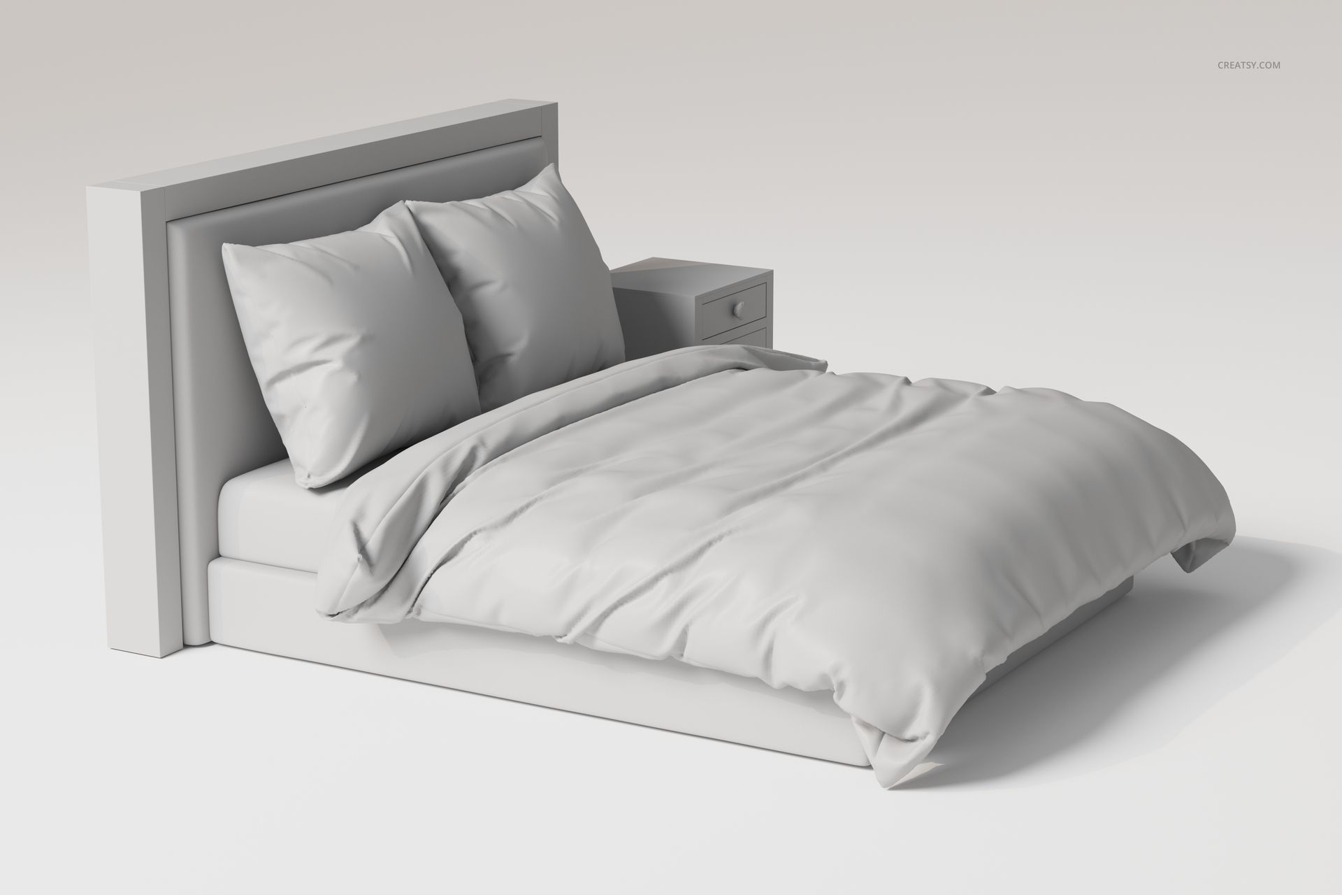 Front view of a continental bed with a high headboard, two pillows, and a nightstand, all in light gray tones.