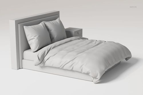 Front view of a continental bed with a high headboard, two pillows, and a nightstand, all in light gray tones.