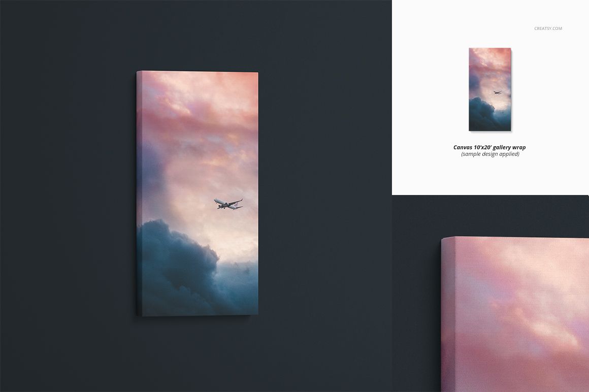 PSD mockup of a rectangular canvas print displaying a sky scene with clouds and an airplane, front and angled views.