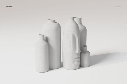 Front view of five sculptural minimalist vases in white, arranged on a plain surface with subtle grid texture.