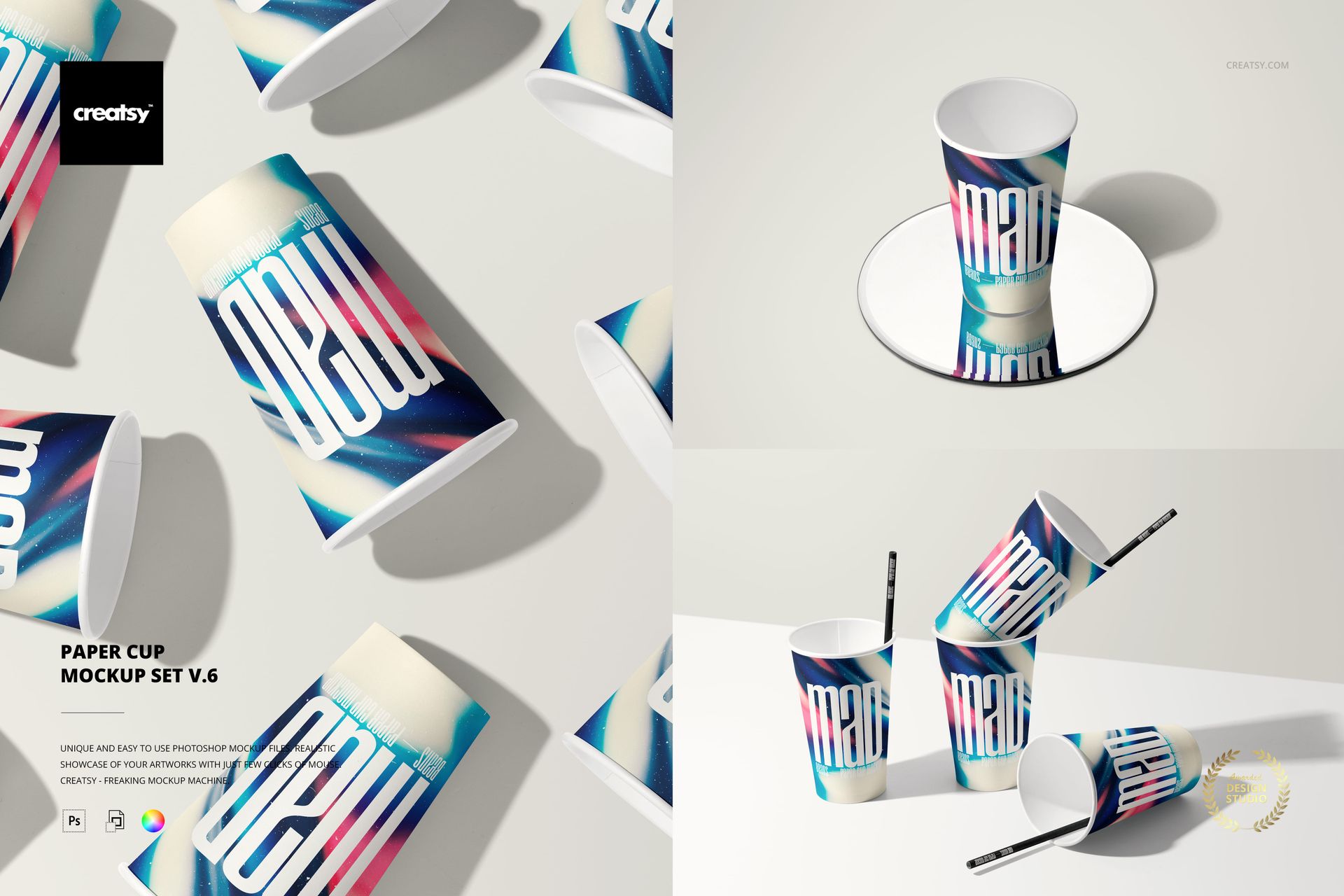Paper cup mockup set featuring several cups with colorful abstract designs, shown from various angles on a light background.