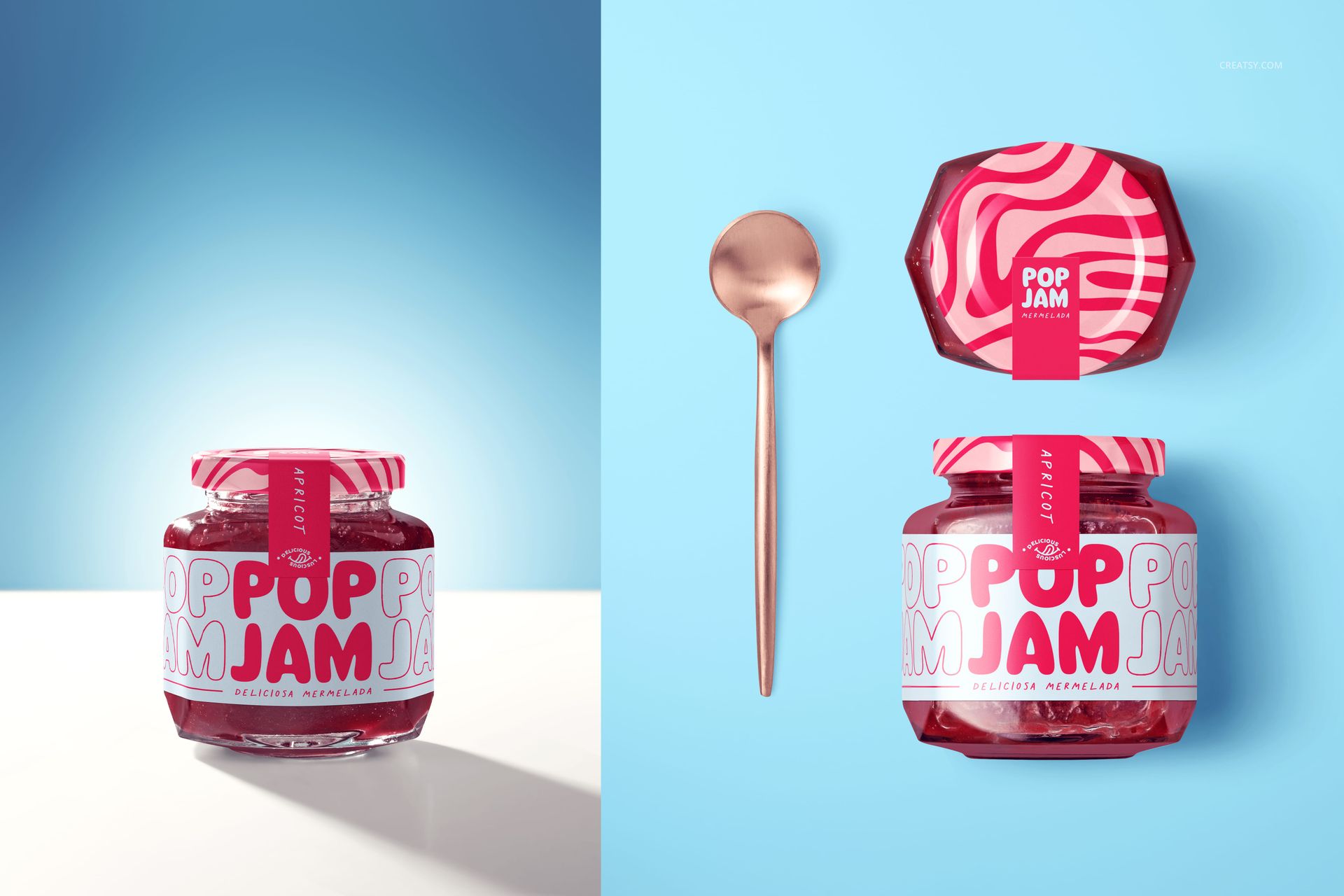 PSD mockup featuring a glass jam jar with vibrant pink and white label, shown with lid and spoon on blue surface.