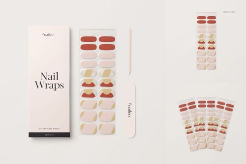 UV gel nail wraps mockup set featuring various nail wrap designs in red and beige tones, shown from a top view.