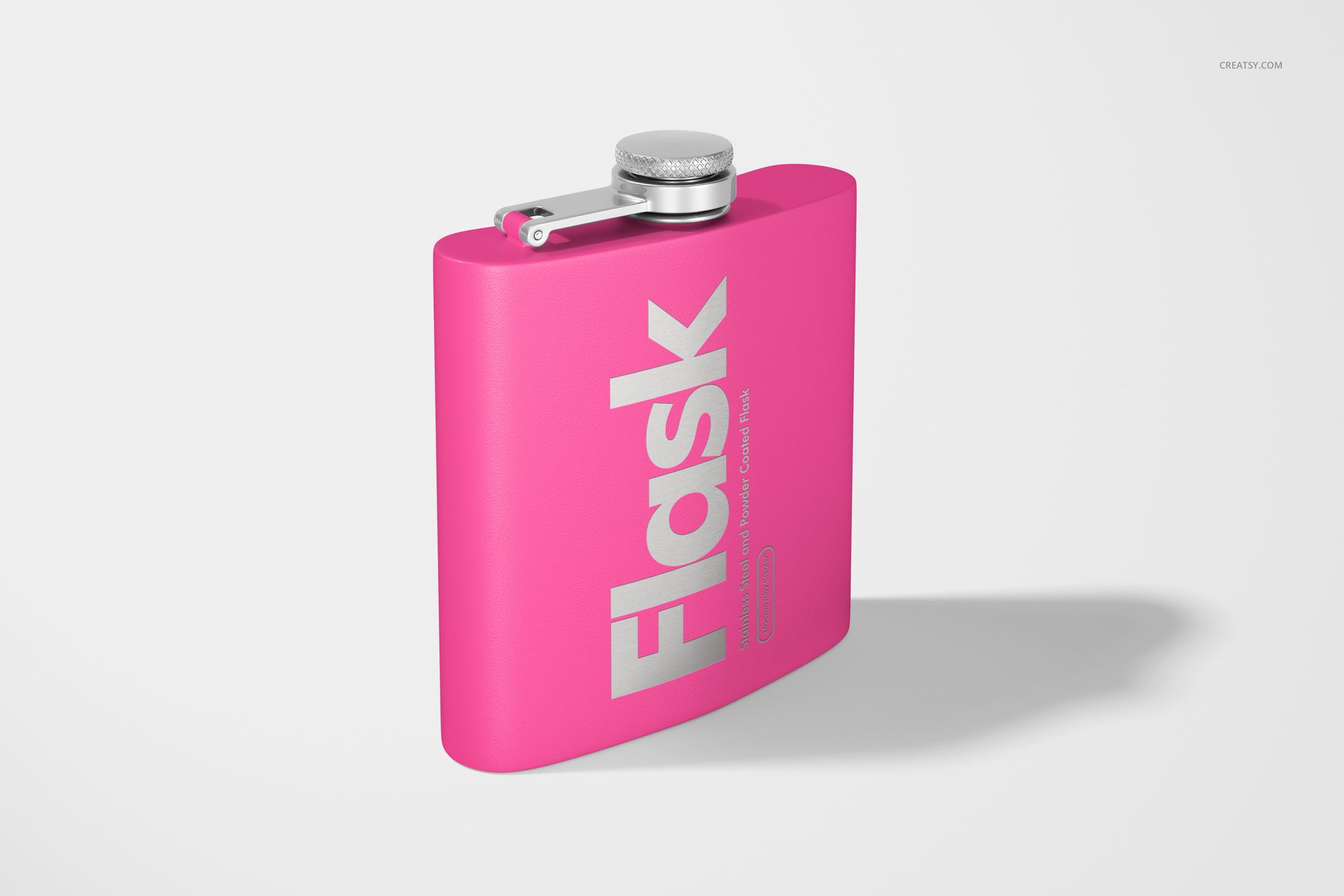Stainless steel flask mockup featuring a bold pink powder coated finish, displayed at a slight front perspective.