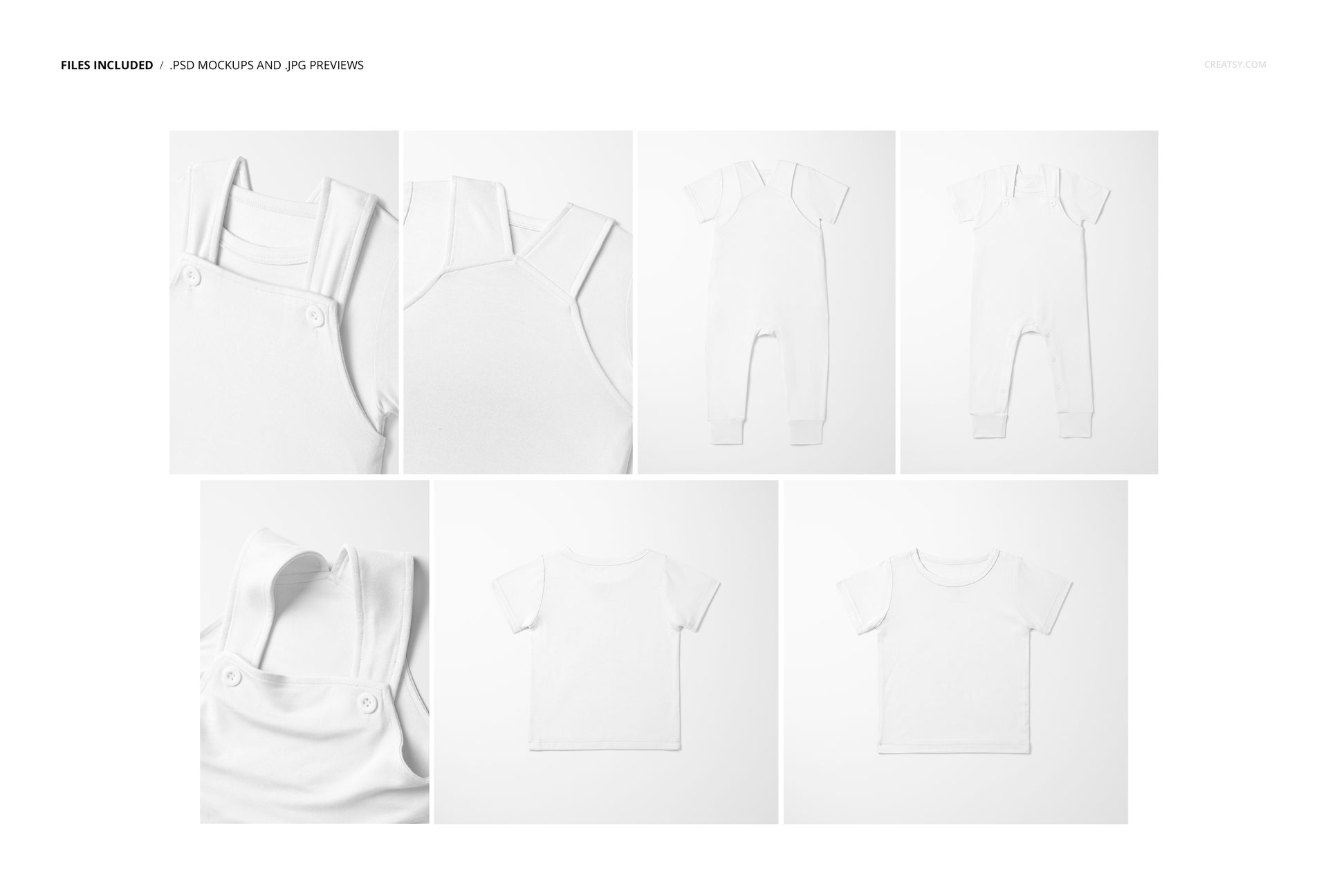 Toddler t-shirt and overalls mockup set with seven views, showing front, back, and close-up details on a white background.