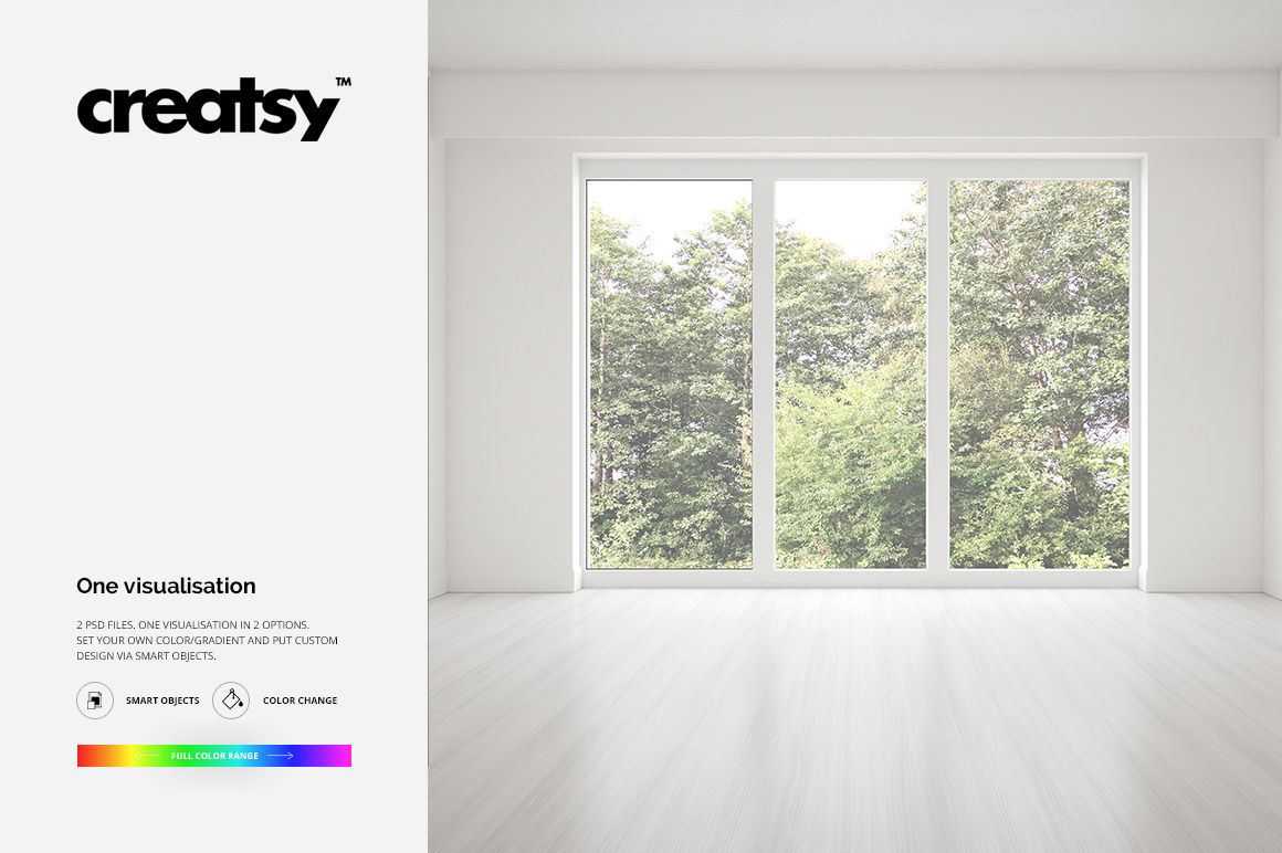 Modern room mockup with expansive windows, natural outdoor scenery, and clean, minimalist flooring and walls.