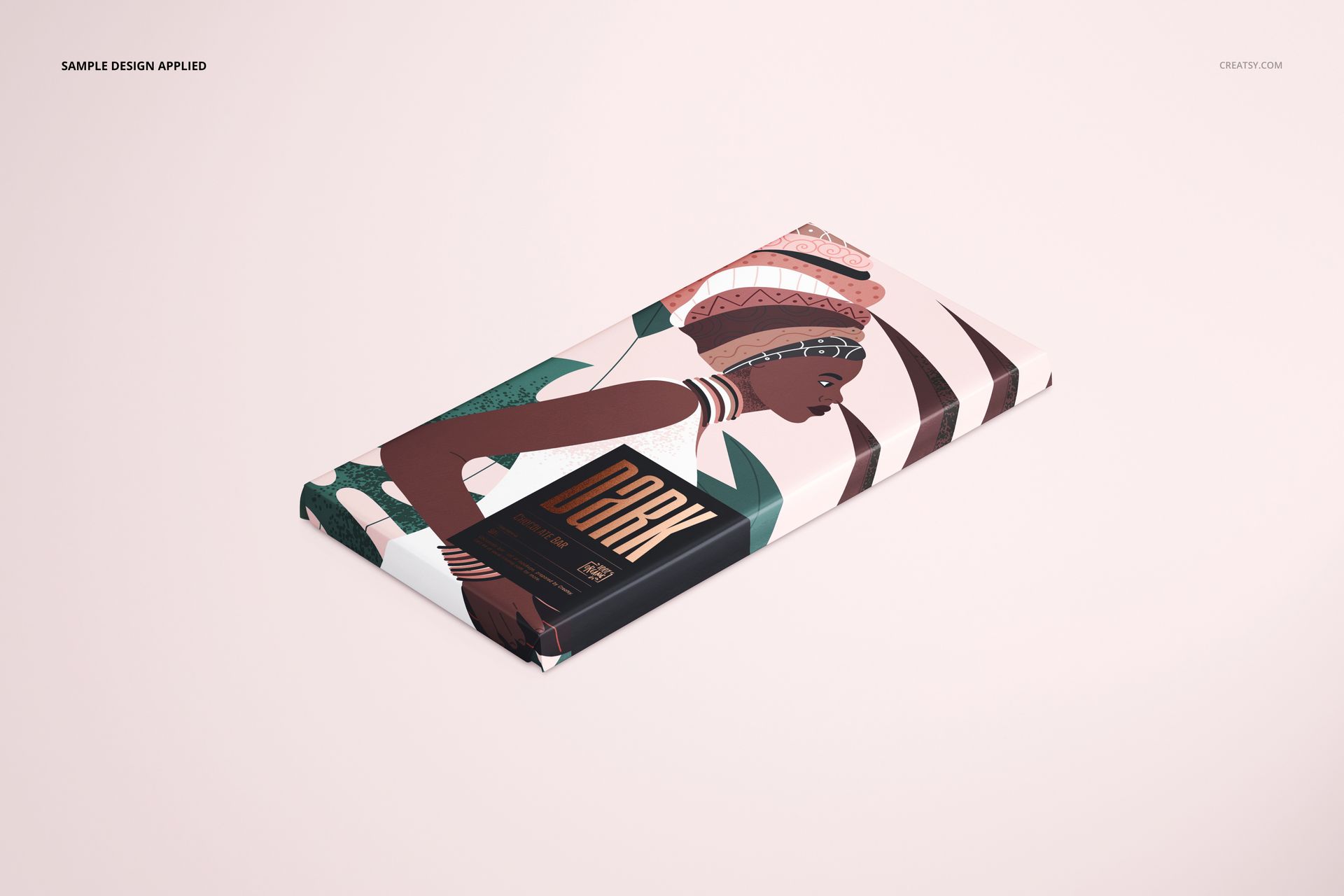 Chocolate bar mockup with vibrant wrapper design, showing stylized figure and bold shapes, placed on light surface.