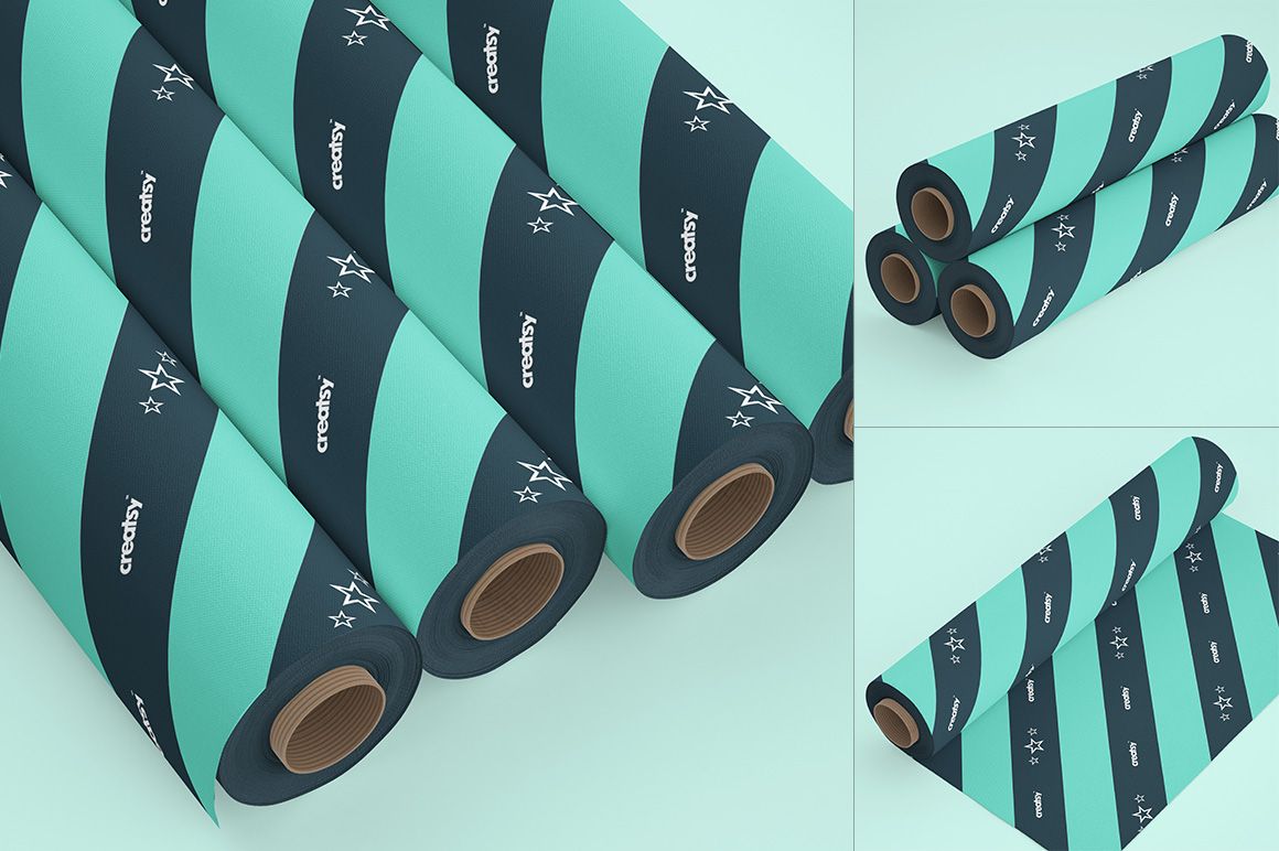Cotton material roll mockup set featuring striped teal and navy blue fabric rolls, displayed from various angles.