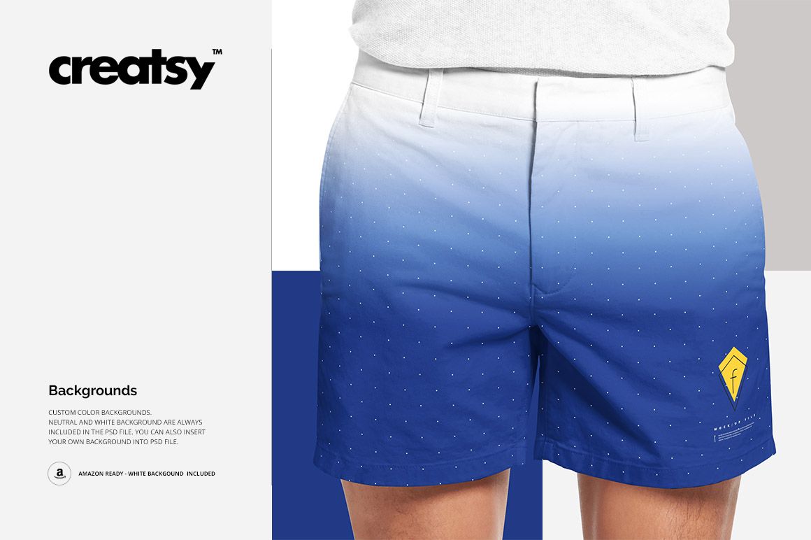 Men's shorts PSD mockup featuring a blue ombre design with tiny white dots, shown on a model from the waist down.