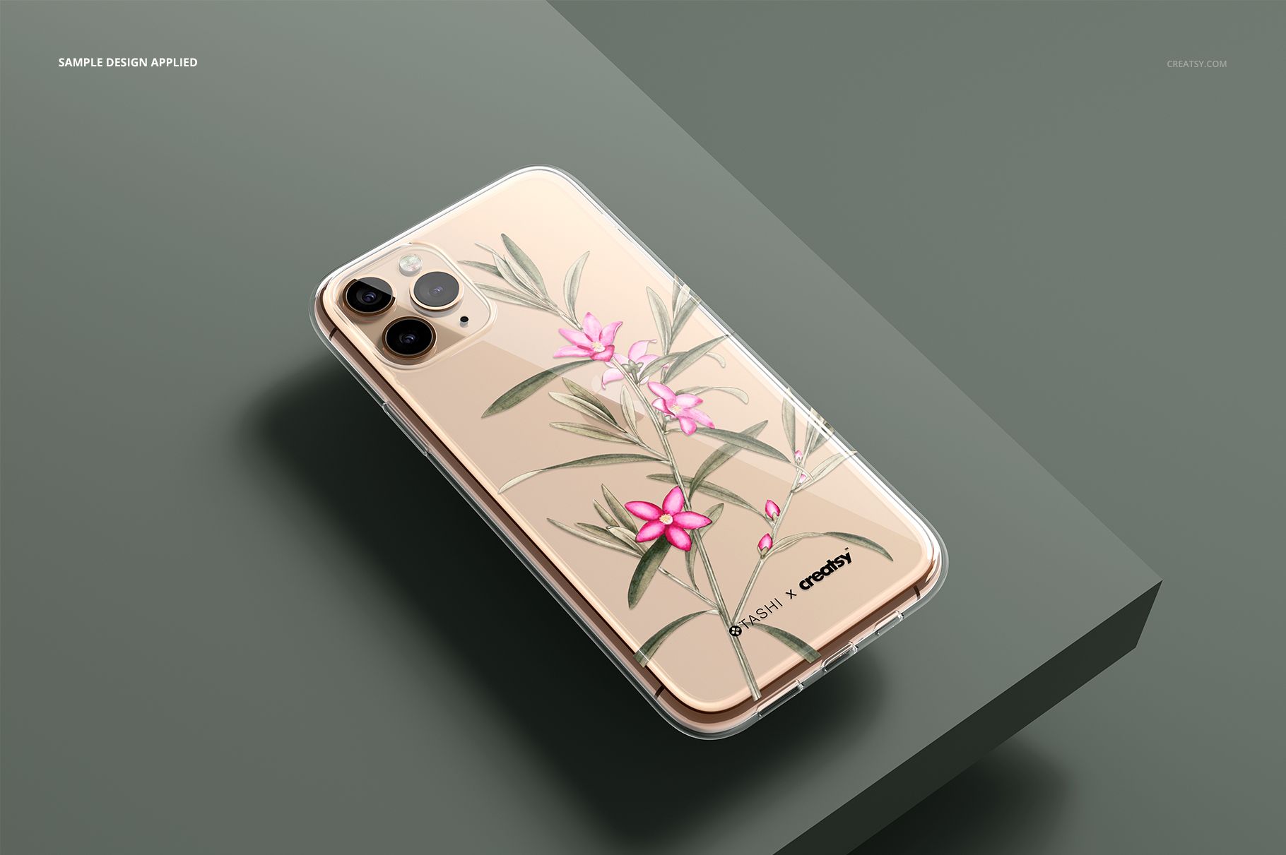 iPhone 11 Pro clear case mockup featuring pink flowers and green leaves, shown in a three-quarter perspective.