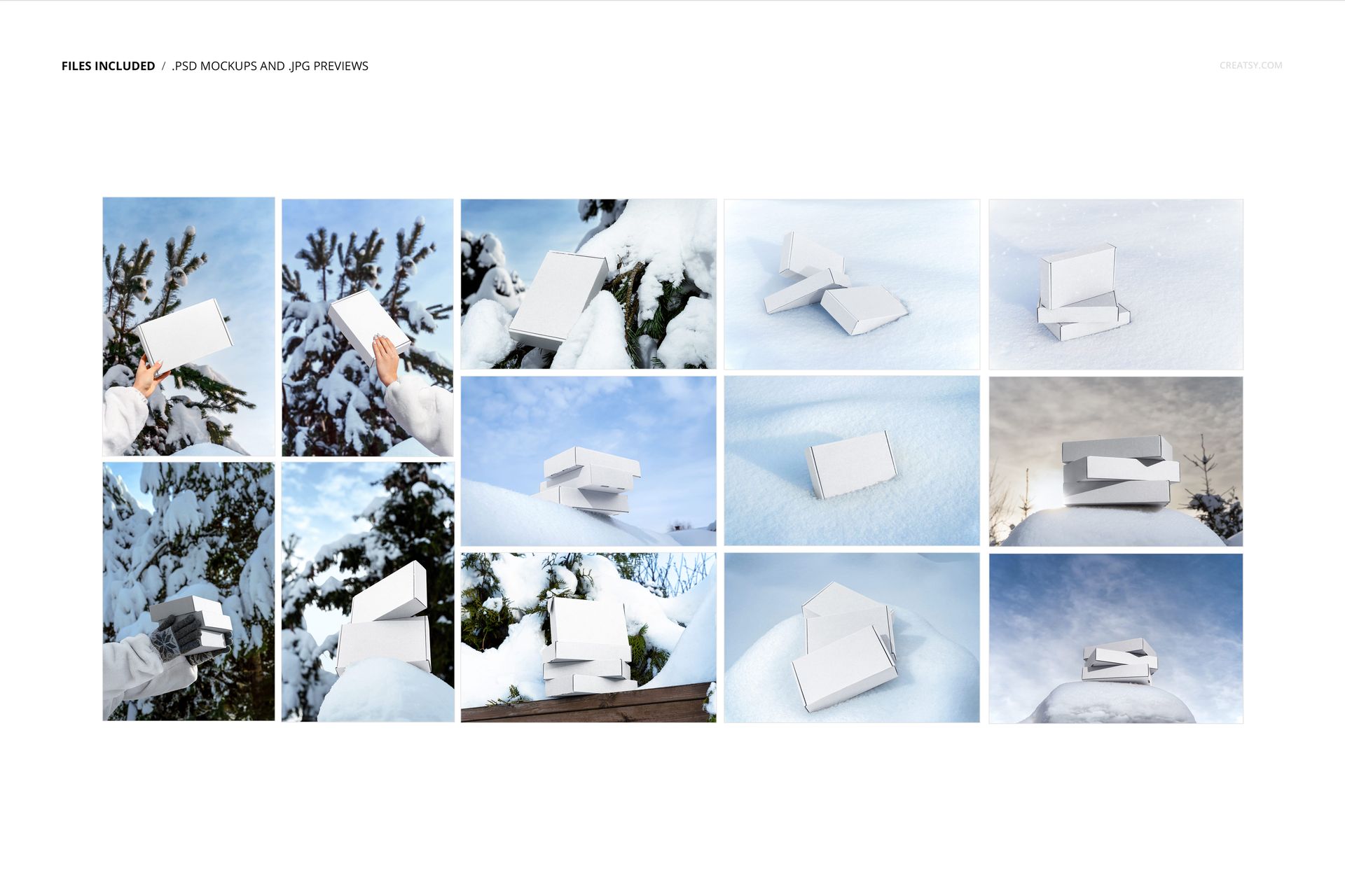 Mailing box PSD mockup set with boxes arranged on snow, highlighting different views and natural outdoor backgrounds.