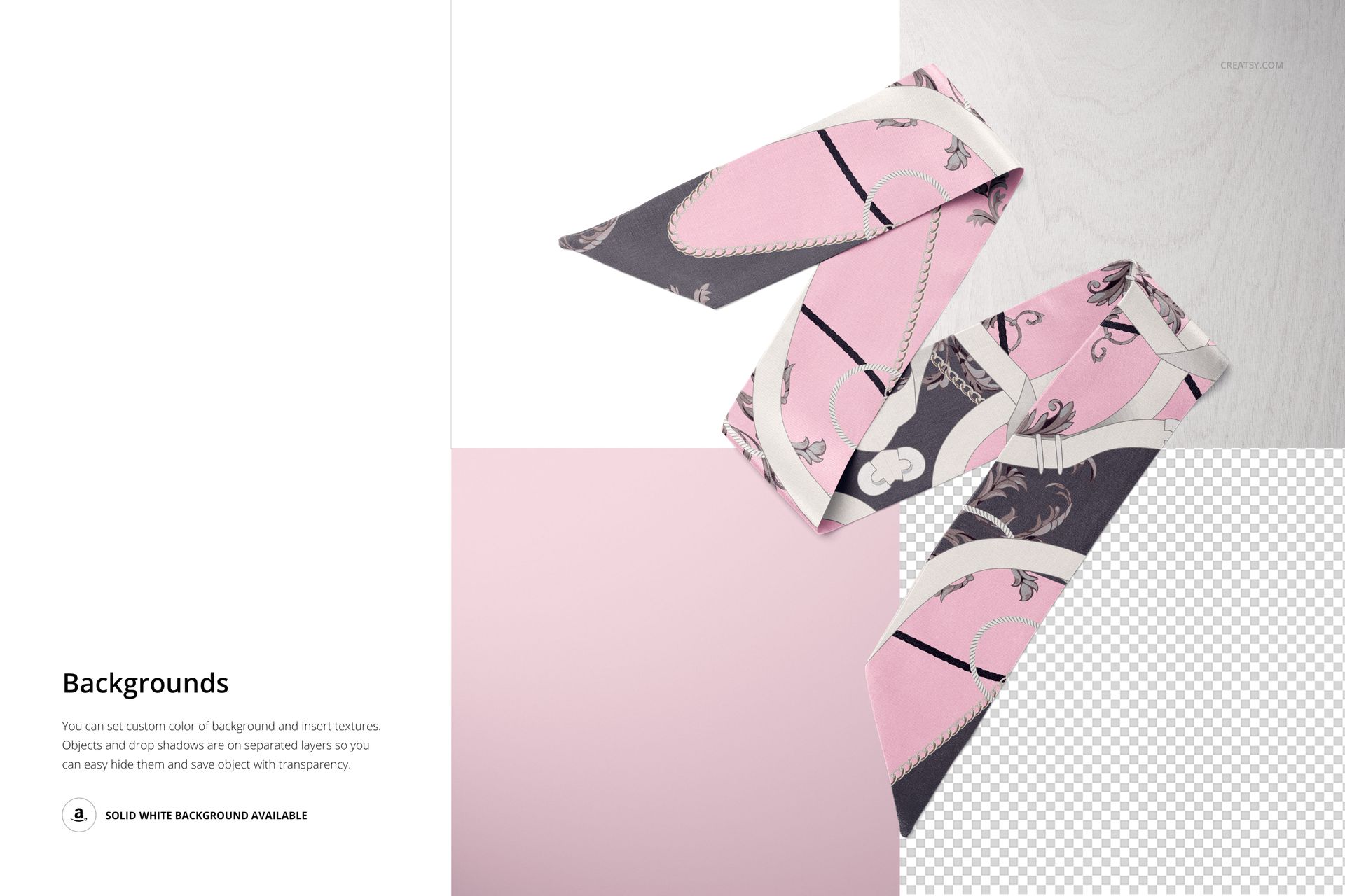 Twilly scarf mockup in pink and gray tones with floral details, displayed from above next to flowers.