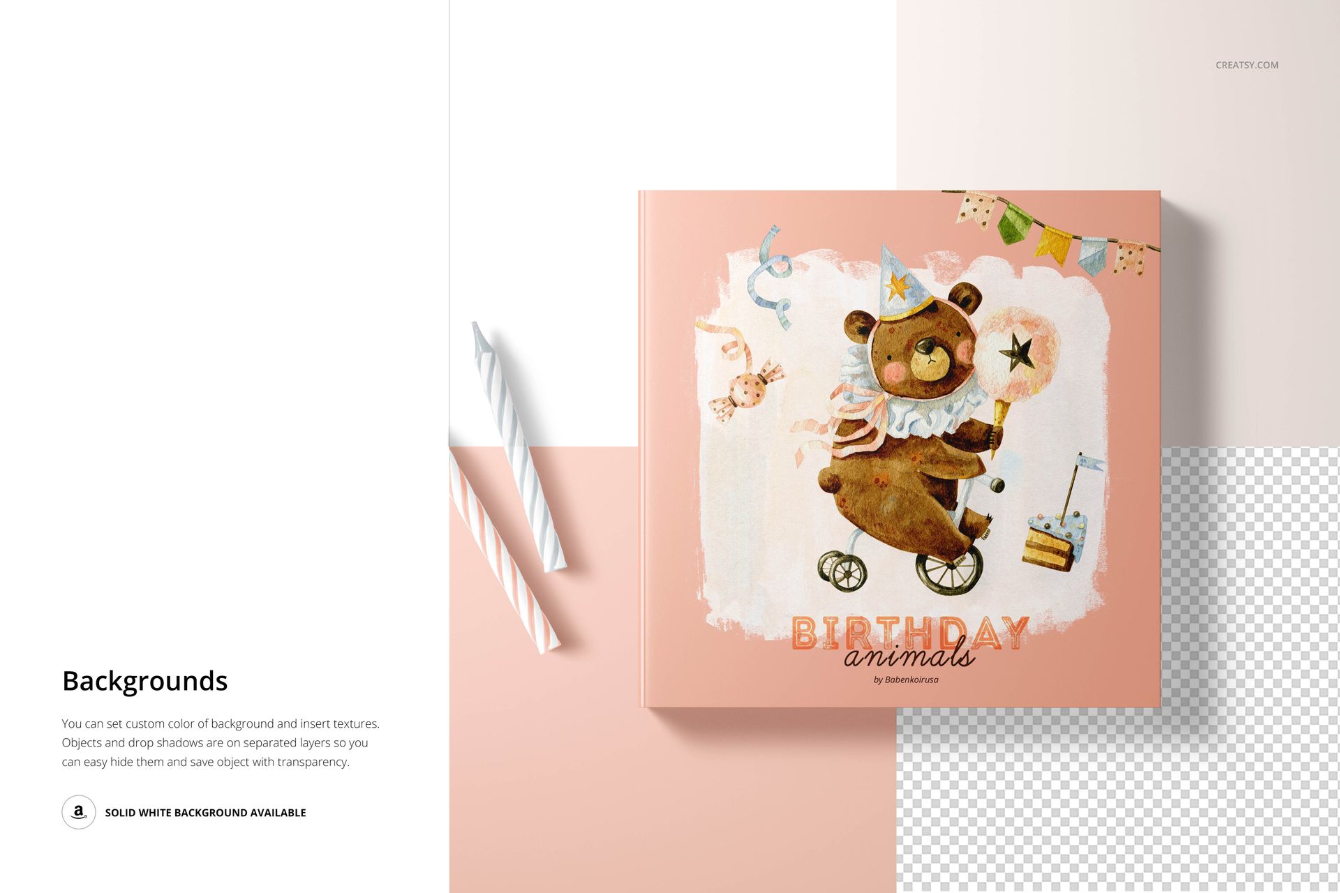 Front view of a children's board book mockup featuring a bear illustration and birthday theme, placed on a pale surface.
