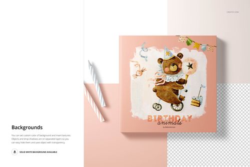 Front view of a children's board book mockup featuring a bear illustration and birthday theme, placed on a pale surface.