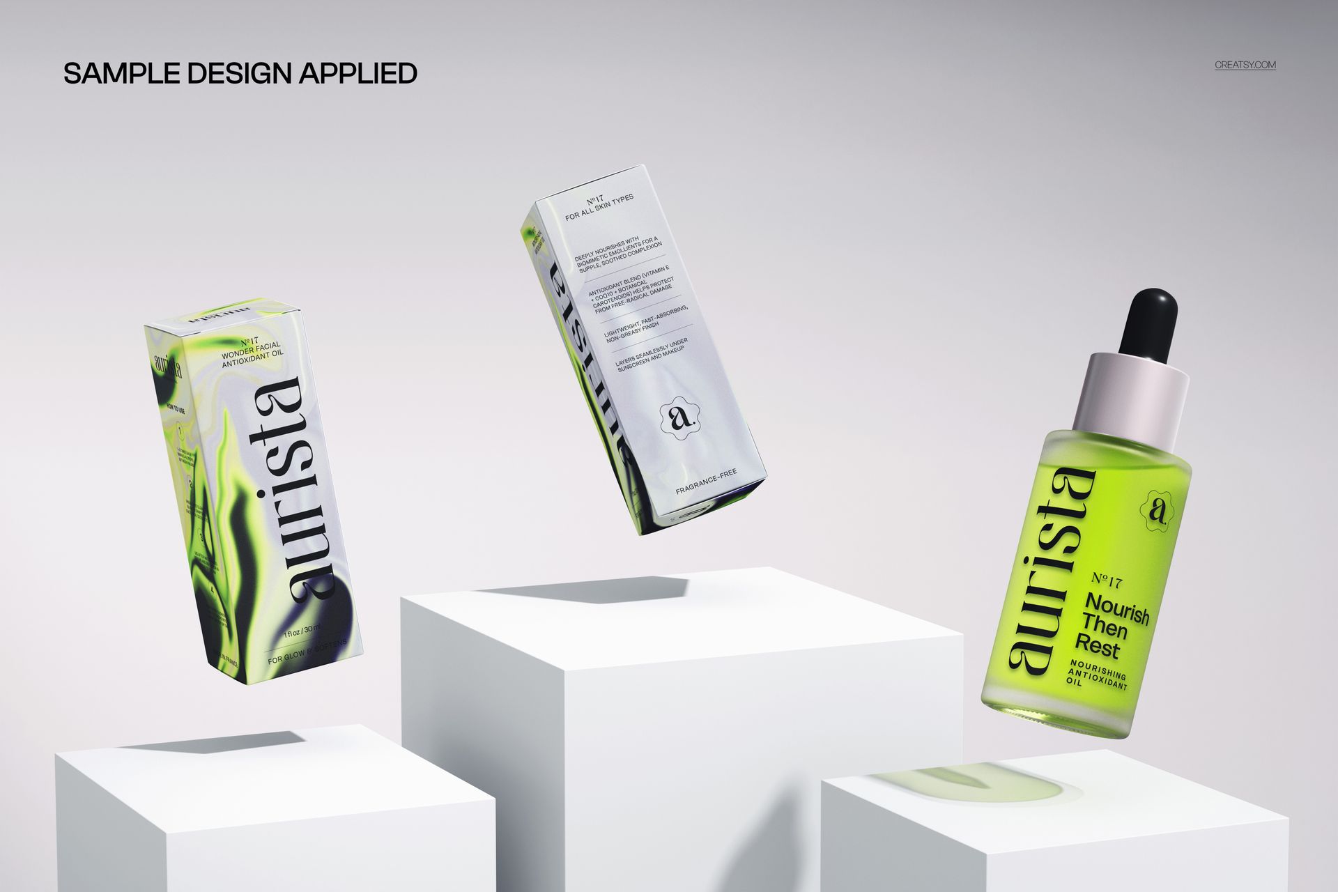 Floating serum packaging set mockup with green and black boxes and a dropper bottle on white pedestals.
