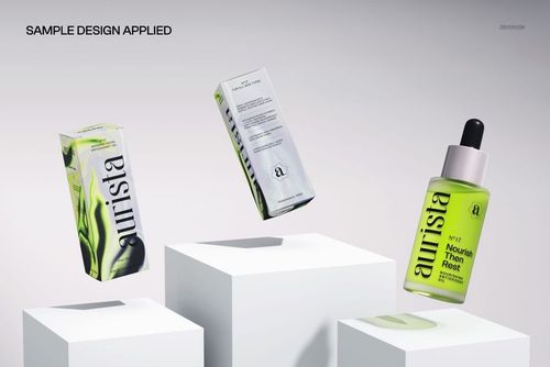 Floating serum packaging set mockup with green and black boxes and a dropper bottle on white pedestals.