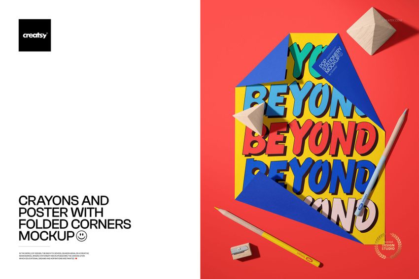 Crayons and Poster with Folded Corners Mockup - mockup screenshot 1