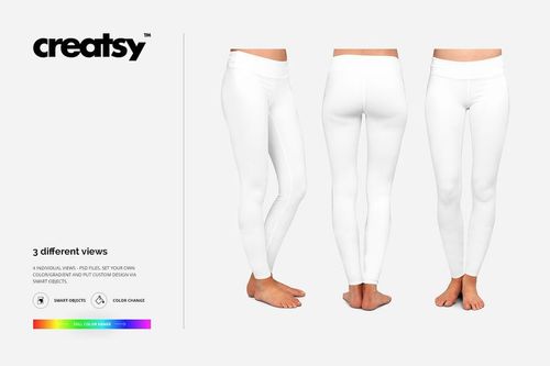 White leggings mockup shown in three angles—front, side, and back—on a neutral background with feet exposed.