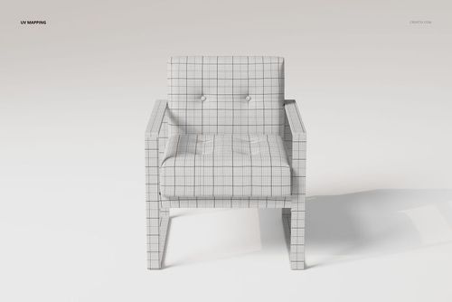 Front view of a modern armchair 3D model with a grid pattern texture on a light background, showing button details.