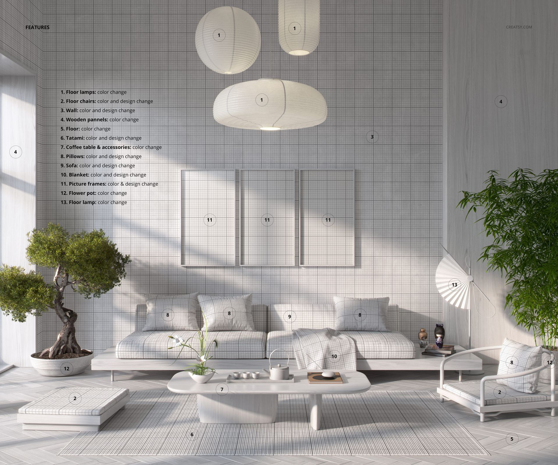 Japandi style living room mockup with white sofa, grid-patterned walls, round paper lamps, and minimalist decor.