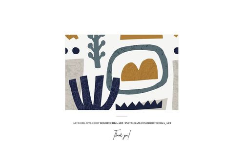 Rectangular silk fabric mockup with abstract geometric pattern in blue, mustard, and gray, shown front view.