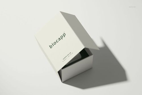 Minimalist cosmetics packaging mockup featuring a white box with open lid and visible bottle, soft shadow effect.