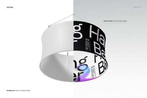 Large circular hanging display banner mockup shown from a front angle, split with grid and printed design on each half.