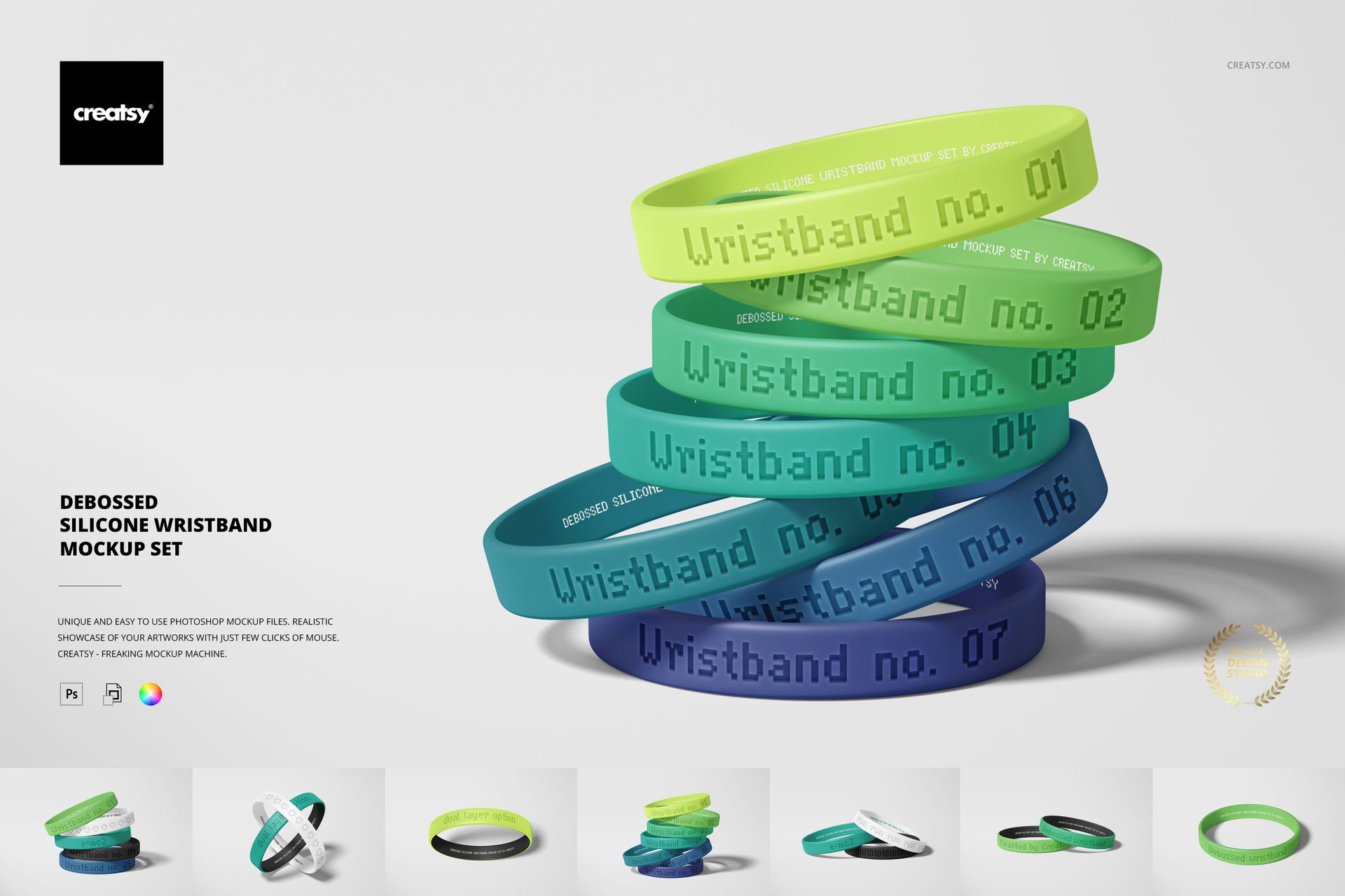 Assorted green and blue silicone wristbands with debossed text, shown stacked and arranged for PSD mockup presentation.