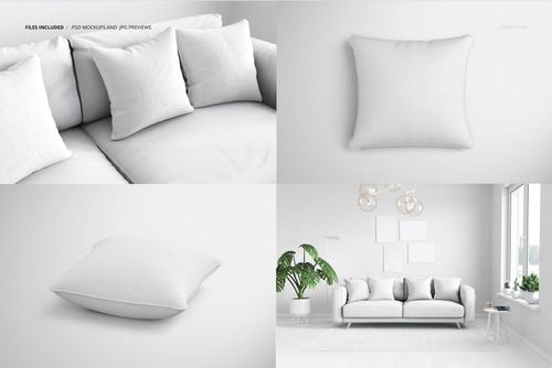 White square cushions with subtle piping detail displayed in a PSD mockup set, featuring sofa and individual views.